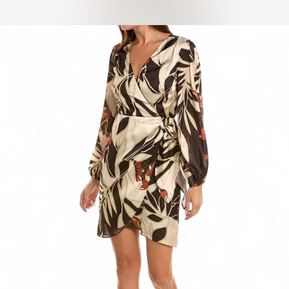 NWT Sam Edelman | Black and Tan Satin Wrap Wedding Guest Dress Floral Size 14 - Picture 3 of 6